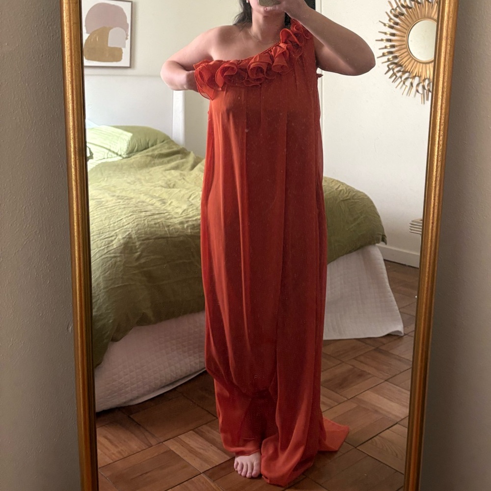 One-Shoulder Orange Ruffle Maxi Dress - Picture 5 of 5